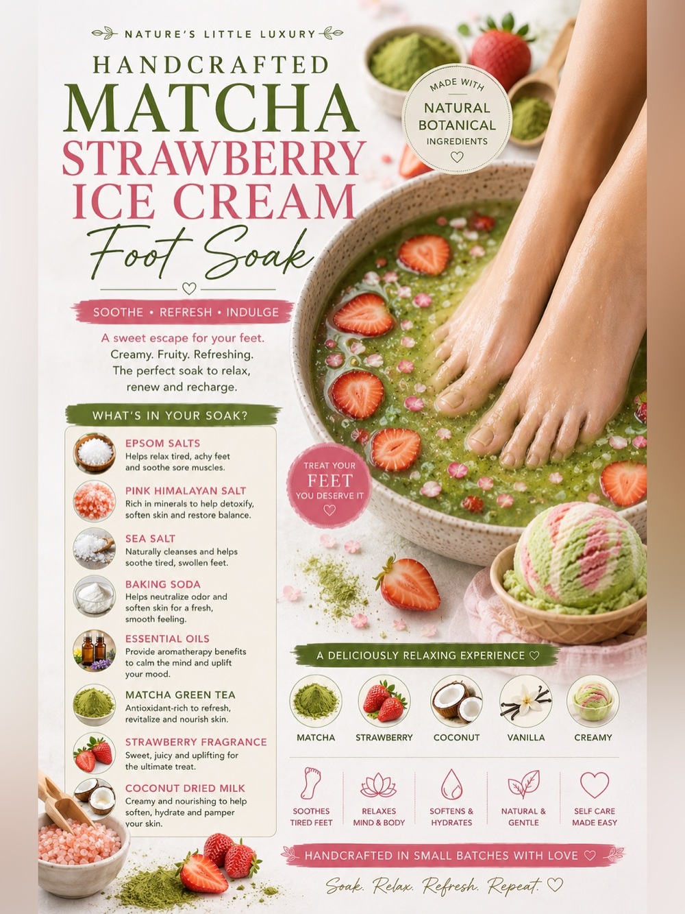 Handcrafted Matcha Strawberry Ice cream scented foot pedicure soak